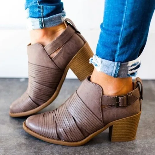 

GOXPACER 2018 Autumn Boots Women Buckle Strap Shoes Women Winter Boots Middle Heels Fashion Pointed Toe Plus Size Cross Band New