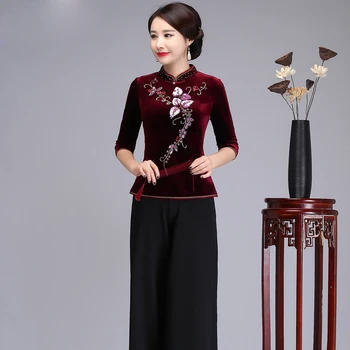 

Chinese Vintage Women Three Quarter Sleeve Shirt Beading&Sequined Velvet Blouse Sexy Mandarin Collar Tang Clothing M-4XL