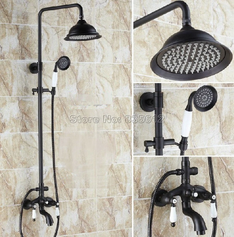 Black Oil Rubbed Brass Bathroom Rain Shower Faucet Set with Dual Ceramic Handle Bath Tub Mixer Tap Whg048