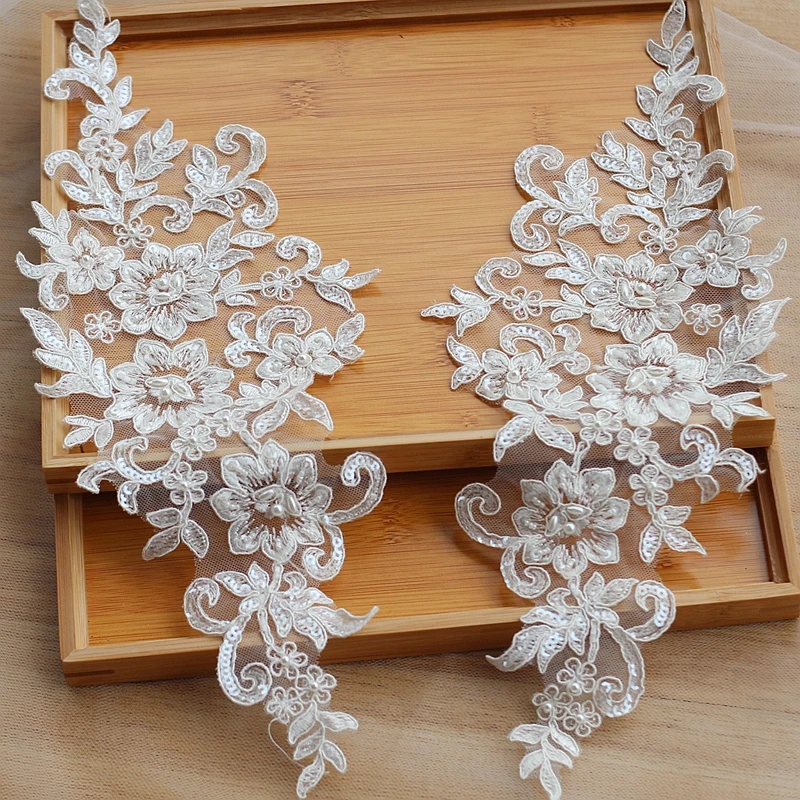 

Ivory Alencon Lace Applique Beaded Sequined Patch For Wedding Supplies Bridal Hair Flower Headpiece 2 piece