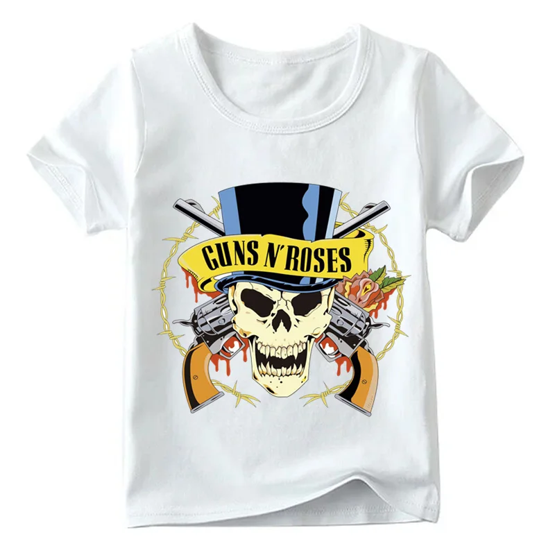Детская футболка с принтом рок-группы «пистолет N Roses» летняя детская верхняя одежда с музыкальным рисунком в стиле хип-хоп одежда с черепом для маленьких мальчиков и девочек HKP5196 - Цвет: White D
