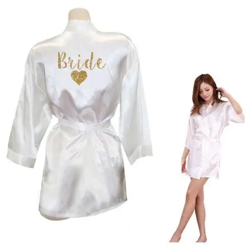 Команда Свадебные платья Команда Невесты сердце золотой блеск печати кимоно халаты атласные свадебные вечерние халат невесты команда свадебный подарок - Цвет: white bride