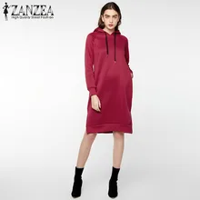 Плюс Размеры 2018 ZANZEA зима Для женщин капюшоном с длинным рукавом длинное платье-Толстовка Повседневное Разделение Свободные Твердые Толстовки пуловер Vestido