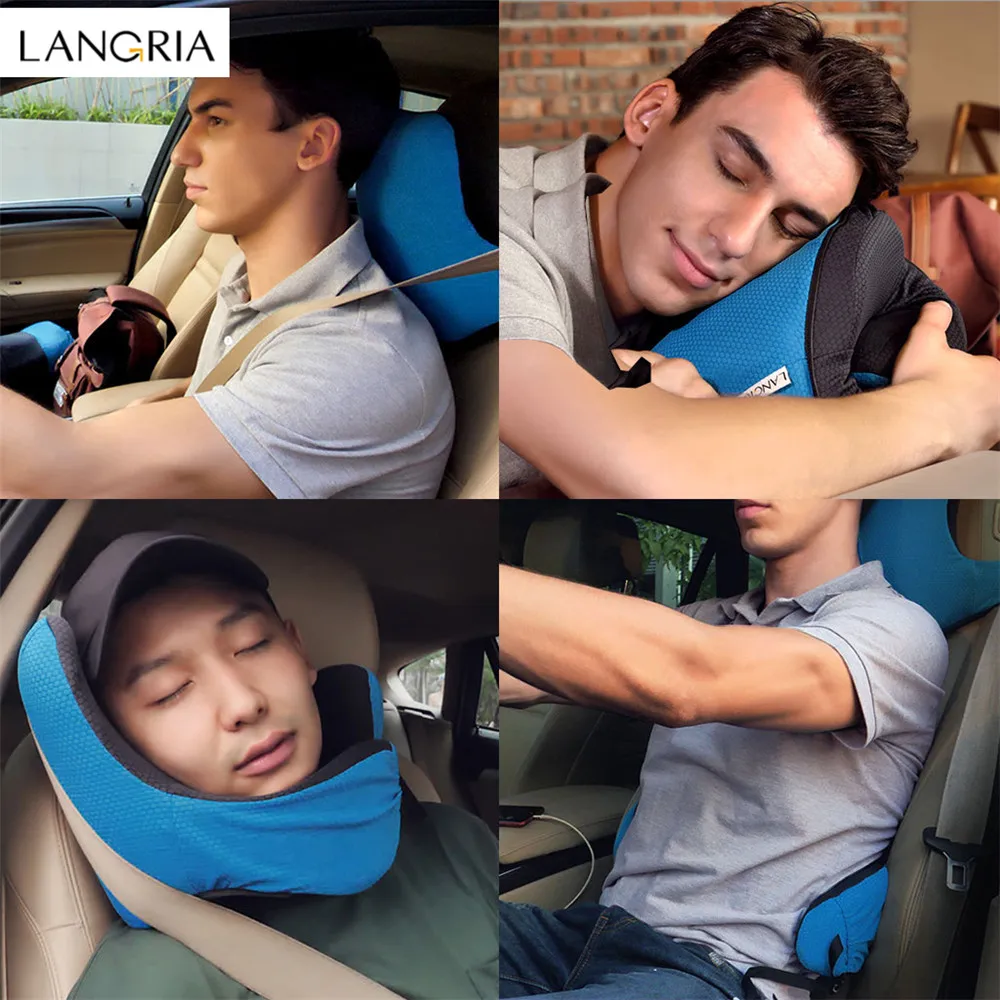 LANGRIA Travel Pillow 6-in-1 Long Haul Astronaut Memory Foam with Detachable Hood Adjustable Neck Size Side Elastic Pocket Neck10
