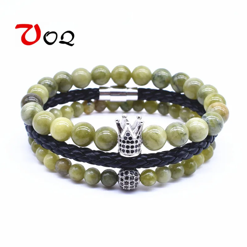 

3 Pcs/set Crown Ball Leather rope Bracelet 6mm and 8mm Natural Stone Beads Bracelet for 2018 Fashion men women Jewelry pulseras