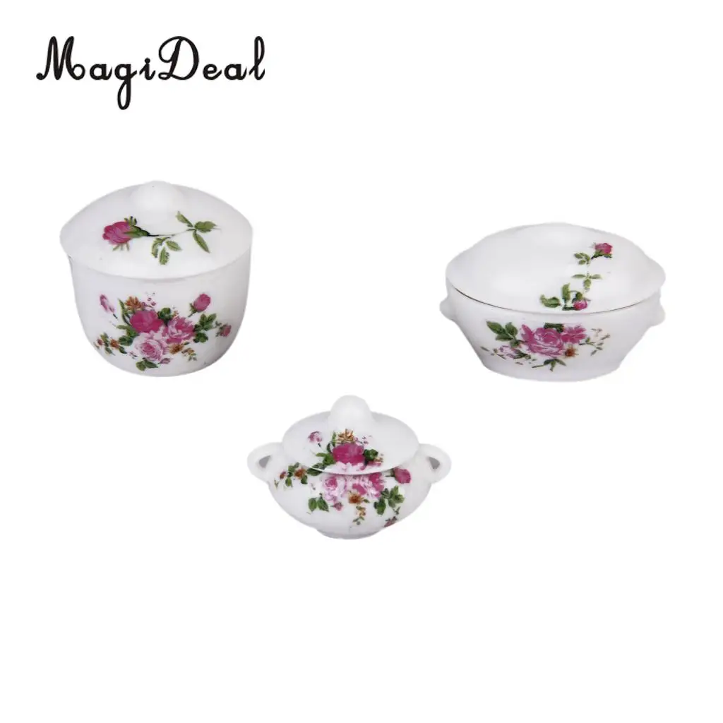 MagiDeal 3Pcs Doll House Kitchen Miniature Casserole Pot Bowl Lid with Floral Pattern for Interior Room Model Kids Role Play