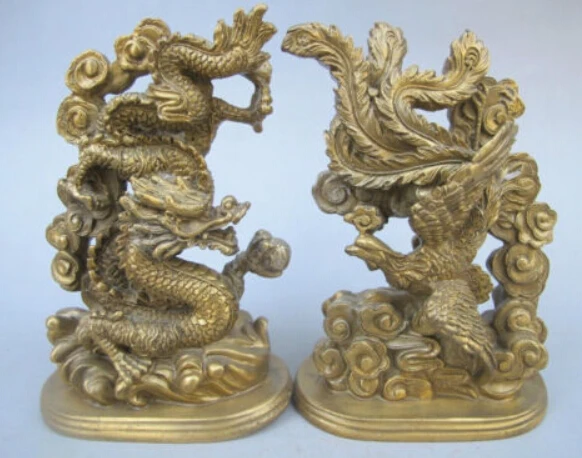 

5.51 inch/The ancient Chinese handmade bronze statue of a dragon phoenix mascot