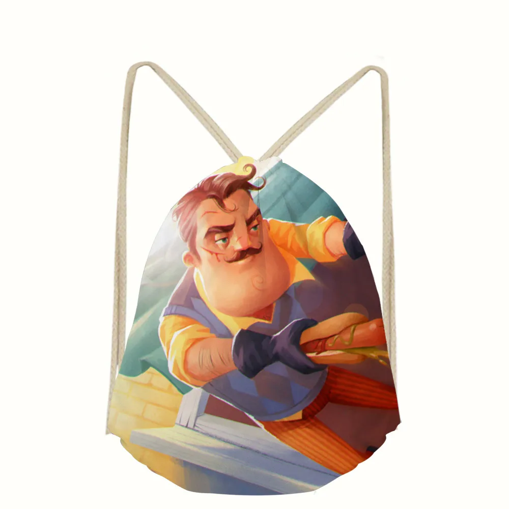 

linen drawstring bag women men Unisex Hello Neighbor Game Print Bags shoes Drawstring School bag travel mochila escolar Rucksack