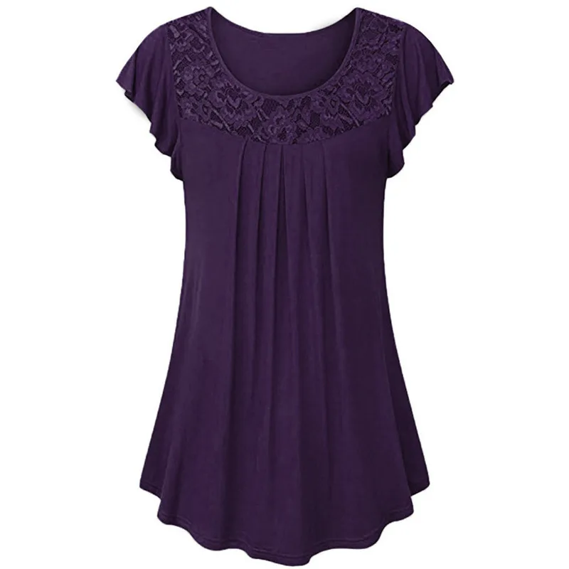 

SAGACE Harajuku Ladies Solid Lace Patchwork Ruched Short Sleeve Tops Shirt Plus Size Women Clothes 2019 Loose 627#45
