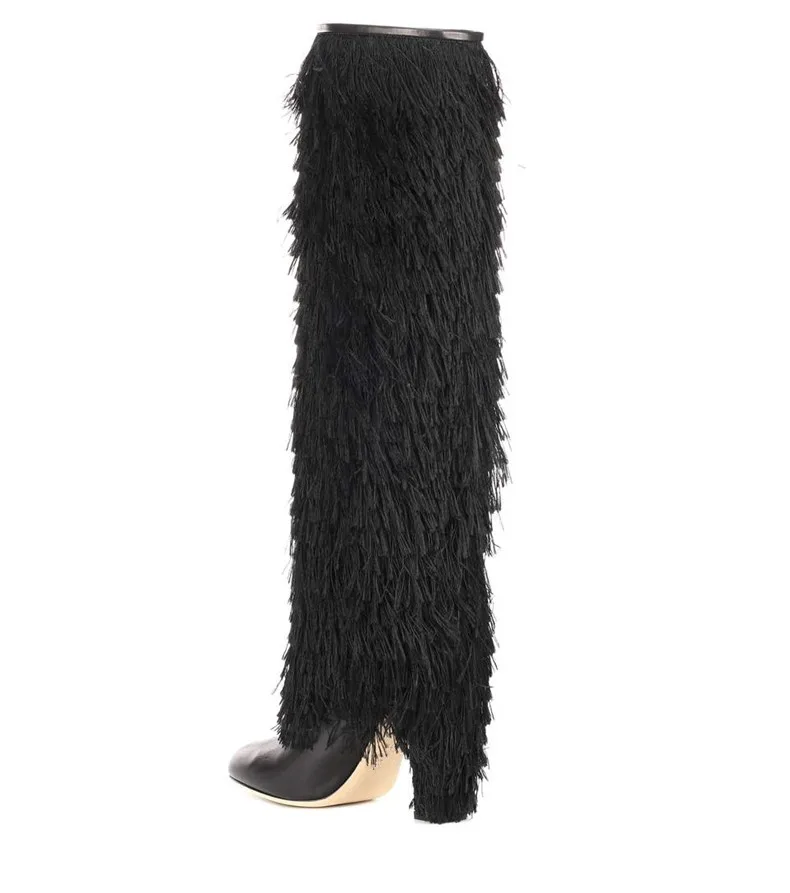 Vestido Botas Redonda Sexy Tacones Diseño en Altas Slip Mujer La Rodilla Cuadrado Pista Alta Negro Tassel De Nuevo Adornado Punta Dipsloot q7Pnt6q