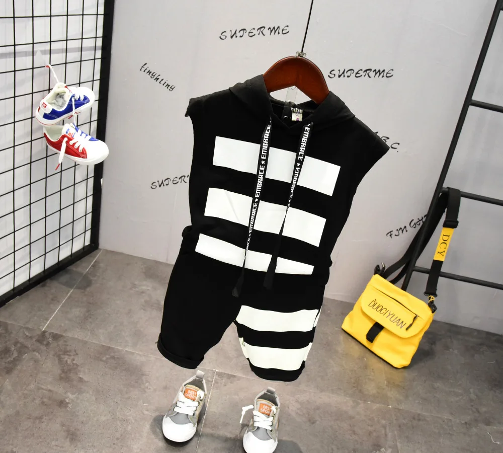 New Summer Children Sports Clothing For Boys Clothes Set Casual Active Baby Boy Outfits Stripe Hooded Tops Shorts 2pcs Kids Suit (2)