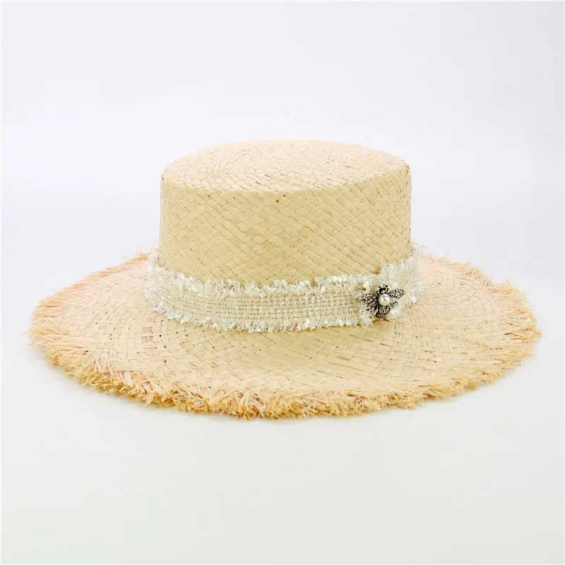Дизайн, твидовый пояс, рафия, пляжные шляпы для женщин, новая мода, пчелиная соломенная шляпа от солнца, женские летние козырьки, шапки - Цвет: white