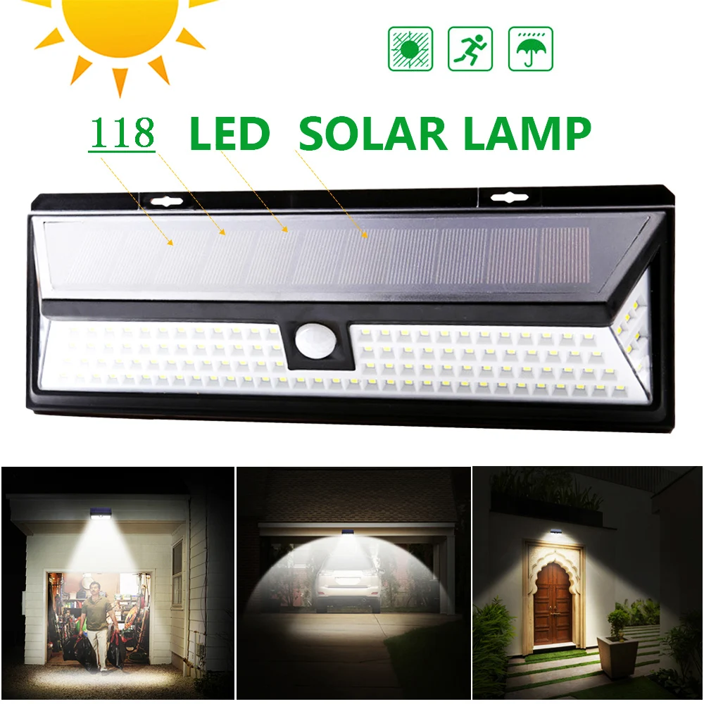 

3 Modes LED Solar Power PIR Motion Sensor Wall Light 118 LED Outdoor Waterproof Energy Saving Garden Security Lamp
