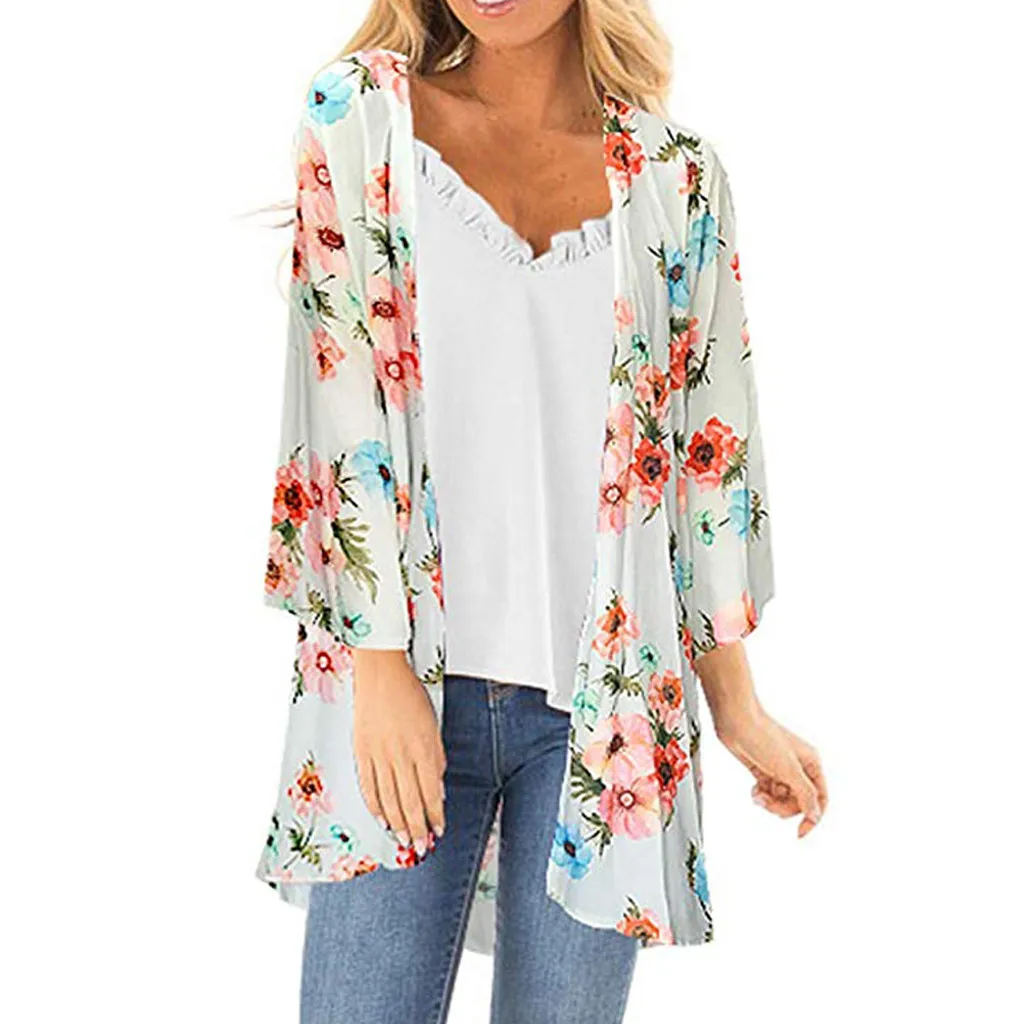 

Summer Long Cardigan Women Holiday Flower Print Smock Easy Top Long Cover-up Kimono Cardigan 2019 New Women Top A503