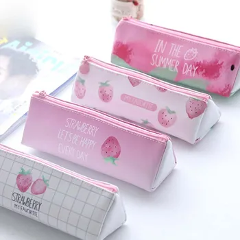 

Kawaii Pink Strawberry pencil bag for girls Cute Triangle Pencil case pen Pouch Office School Supplies Stationery gift Zakka