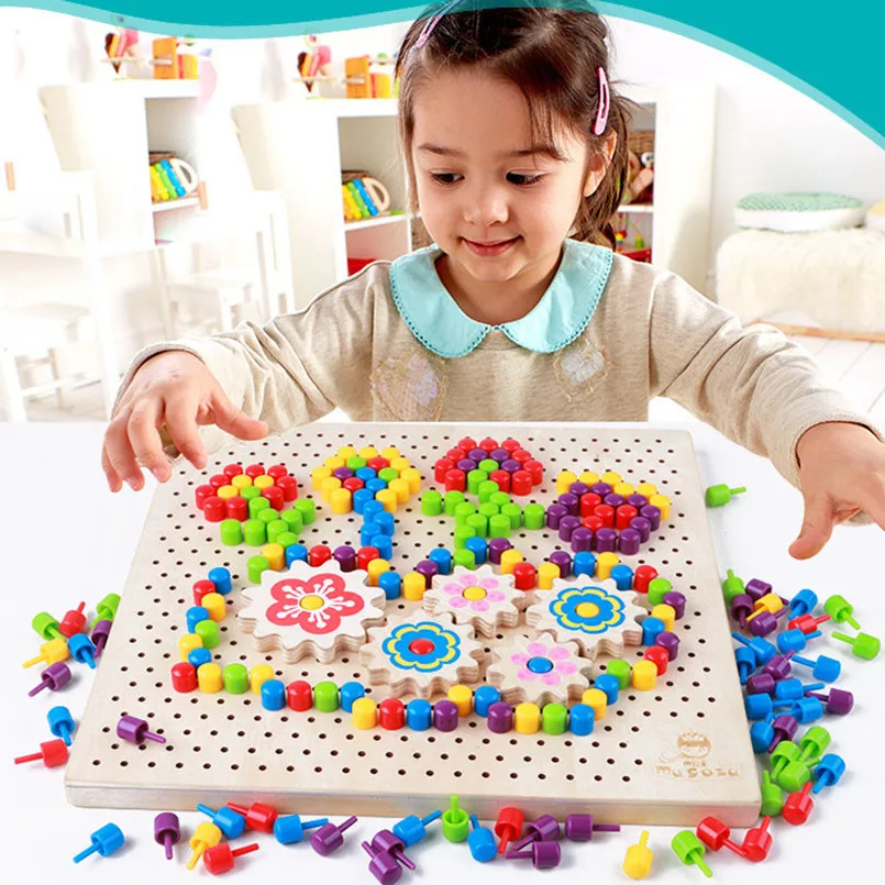 Children Wooden Mushroom Nail Board Puzzle Toys For Children Boys Creative Mosaic Assembling  Inserting Interactive Puzzles Toy