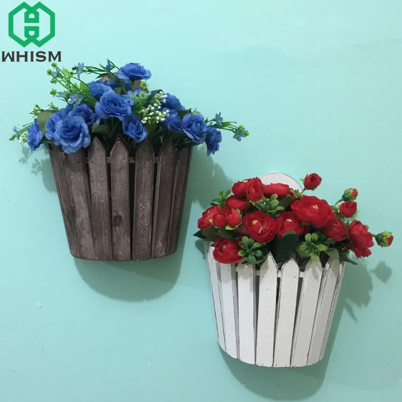 WHISM Handmade Small Fence Flower Pot Wood Hanging Basket Artificial Plants Vase Decorative Fake Flower Planter Garden Supplies