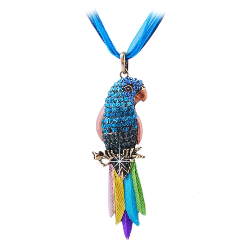 Vintage Long Jewelry Fashion Sweater Necklace Bird Exquisite Colourful Enamel Crystal Animal Parrot Pendant Necklaces Women