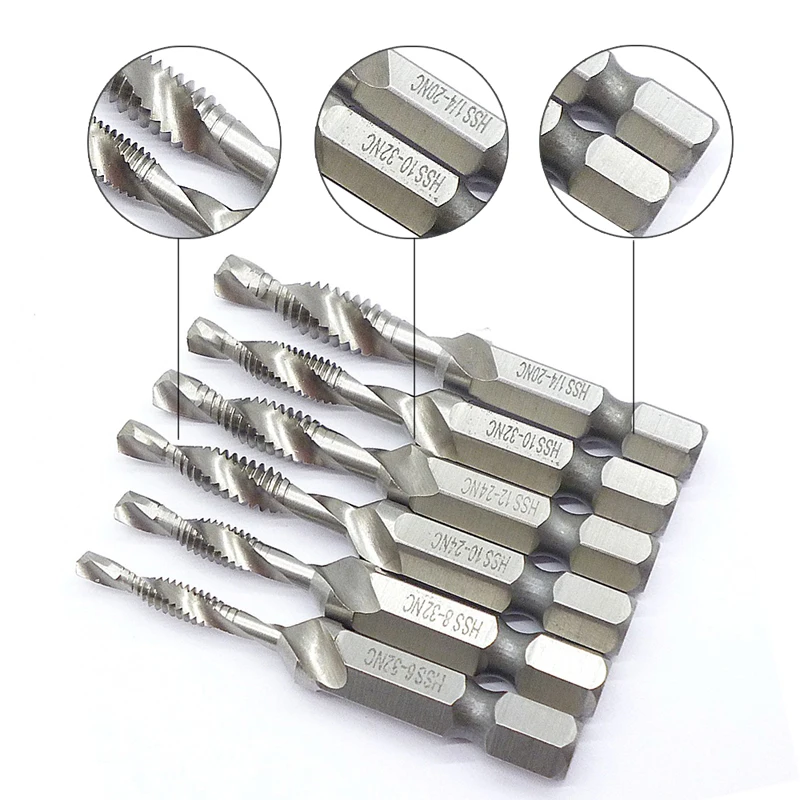 6pcs Drill Tap Countersink Set Combination Deburr Bit 1/4" Quick Change Countersink Hex Bit Kit