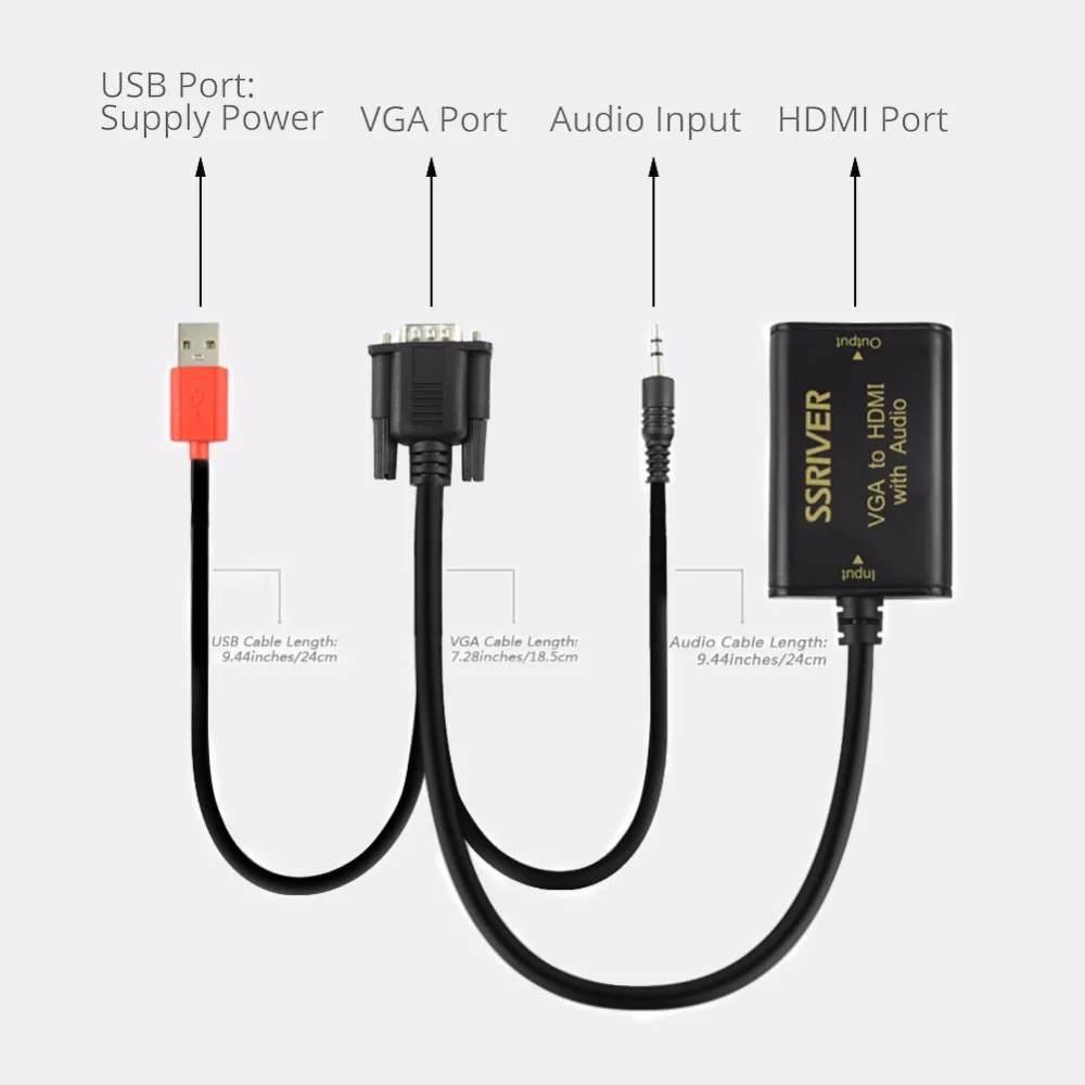 SSRIVER 5pcs/lot VGA to HDMI converter cable adapter with audio 1080P for PC laptop to HDTV video cable VGA2HDMI adapter