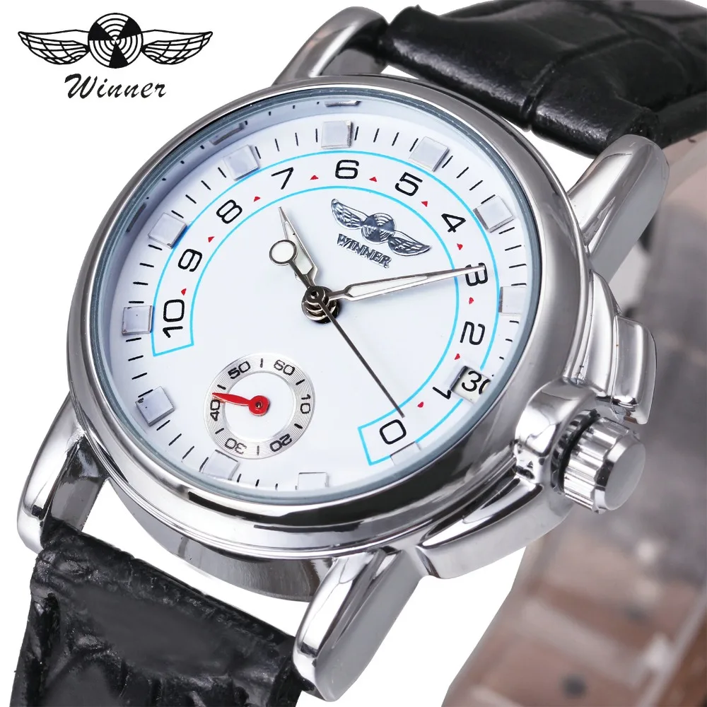 

WINNER Fashion Casual Women Mechanical Watch Leather Strap Black Dial Automatic-self-wind Wristwatch Calendar Date Design