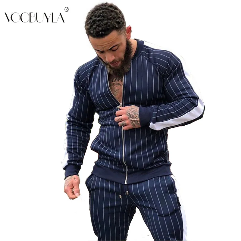 

Voobuyla New 2019 Spring Men Running Sets Zipper Jackets Sport Pants Suit Men's Hiking Tracksuits Stripe Quick Dry Sportwear