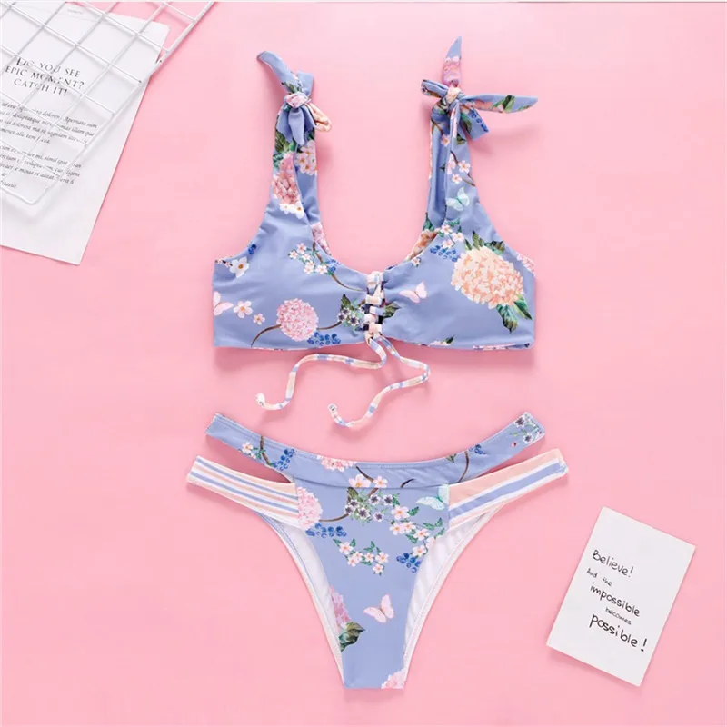 

Turmeric Lace up swimsuit female Floral print bikinis 2019 mujer Ruffles swimwear women micro two-piece suit Biquini summer new