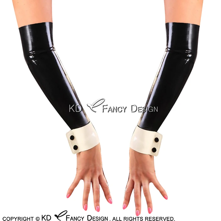 

Black With White Sexy Latex Sleeves Buttons In Cuffs Rubber Gloves Mittens ST-0031