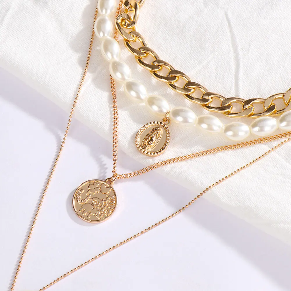 Панк многослойное жемчужное ожерелье-чокер эффектное ожерелье Девы Мэри Монета кристалл кулон ожерелье женские ювелирные изделия