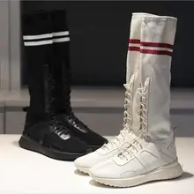 Новинка года; Модные женские брендовые высокие эластичные сапоги-носки; женские растягивающиеся сапоги на плоской подошве со шнуровкой; цвет белый, черный