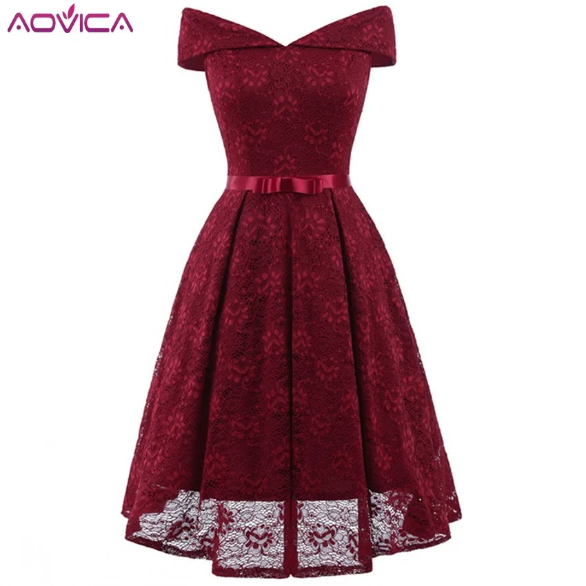 

Aovica Elegant Women Sliver Embroidery Lace Ball Gown Female Dress Vintage Style Sexy Off the Shoulder Night Out Party Dresses