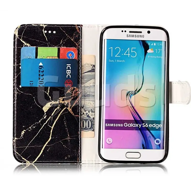 Black Gold Marble PU Leather Wallet Case for Samsung Galaxy S6 Edge G925