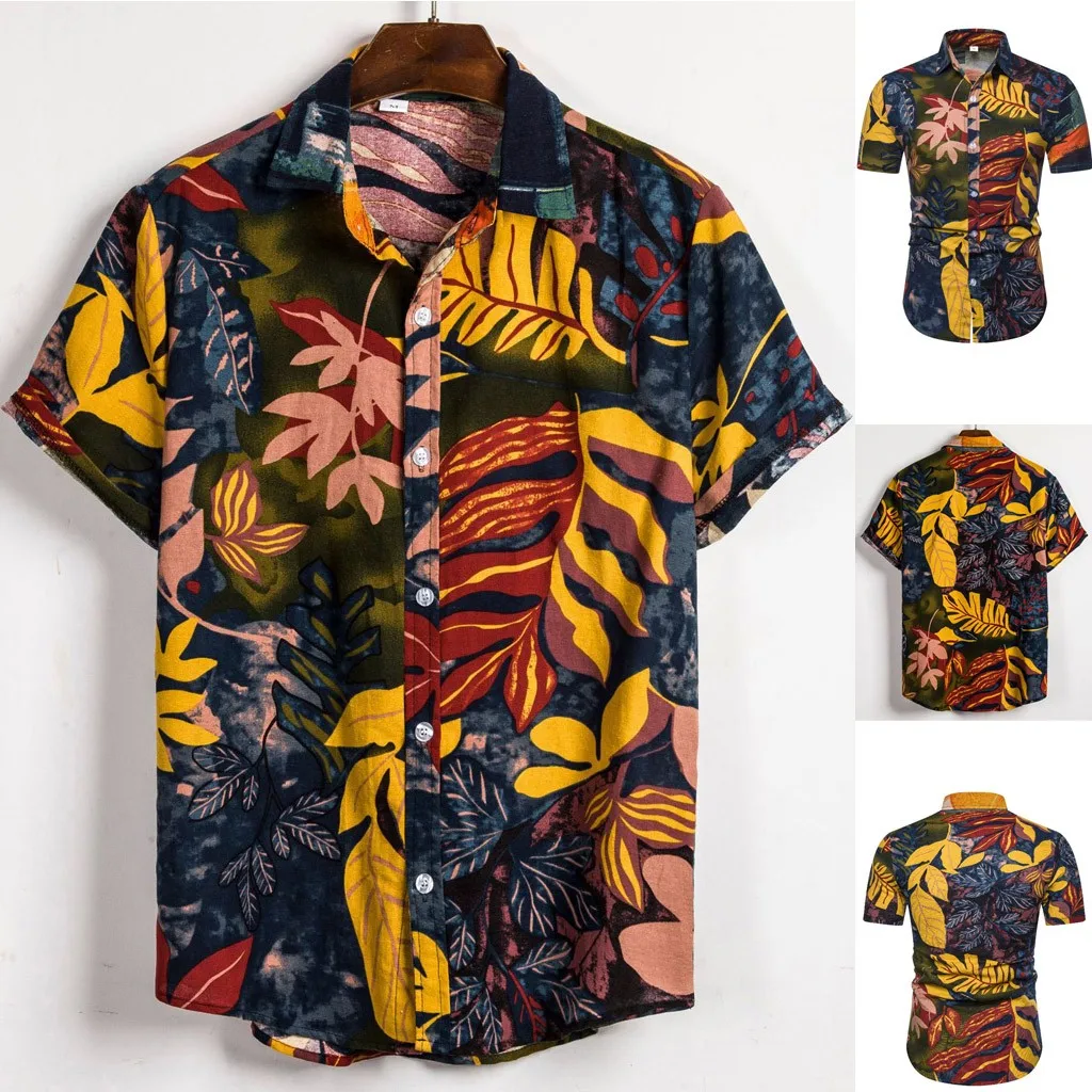 Мужская рубашка, летняя, этническая, короткий рукав, повседневная, хлопок, лен, с принтом, гавайская рубашка, блуза, Мужская Уличная одежда, camisa masculina