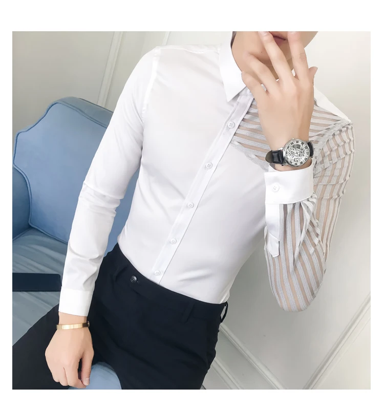 Тан Прохладный Masculina See Through Кружево полые мужские рубашки с длинным рукавом Весна для мужчин s повседневное Slim Fit черный, белый цвет рубашки для мальчиков