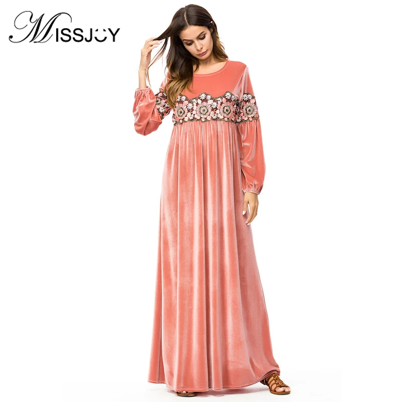 MISSJOY Большие размеры Абая для женщин с длинным рукавом высокой талией Вышивка Лоскутное розовый бархат Повседневное свободные