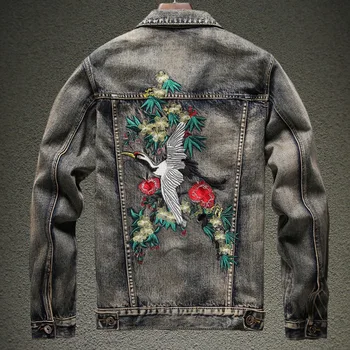 

Newsosoo Patch Designs Men's Motorcycle Denim Jacket Vintage Blue Slim Fashion Hip Hop Coat Crane Flower Embroidery Outerwear