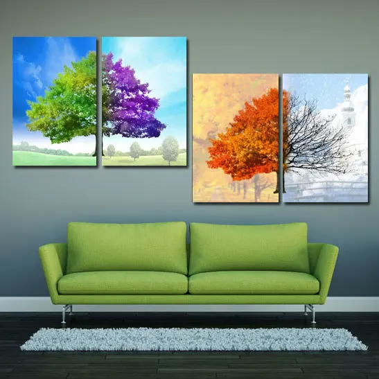 

4 Panel Modern Printed Season Tree Painting Picture Cuadros Decoracion Landscape Canvas Painting For Living Room No Framed PR068