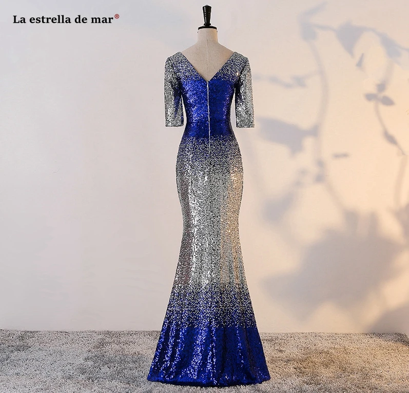 Robe demoiselle d'honneur pour femme V образным вырезом футболка с коротким рукавом Русалка Королевский синий цвет СЕРЕБРЯНЫЙ нарядное платье для женщин размера плюс