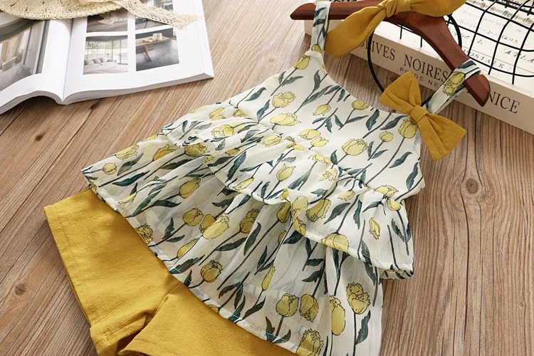 Humor Bear/ летний костюм для девочек многослойный шифоновый топ на бретельках с цветочным принтом и бантом и шорты костюм из двух предметов комплект одежды для детей