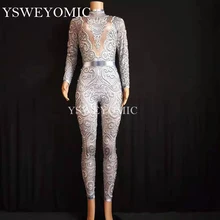 Стиль Серебряный комбинезон с длинными рукавами комбинезон из спандекса Легинсы со стразами цельный женский сценический костюм ночная рубашка наряд