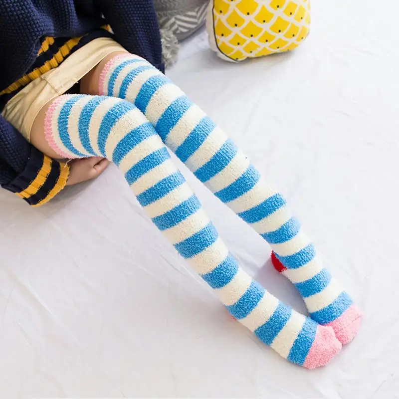 Зимние теплые чулки до колен, утолщенное теплое полосатое полотенце в стиле Харадзюку, Janpanese, смешные носки, шланг, Высокие Бедра, Meias - Цвет: Blue