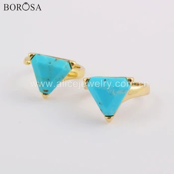 

BOROSA 5/10PCS Ring Size 4.5~6.0 Fashion Triangle Gold Bezel Faceted Natural Turquoises Open Ring Jewelry Private Order ZG0402