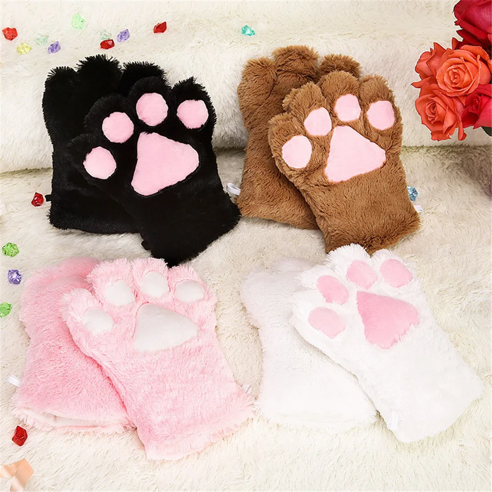 

Women Girls Cute Cat Kitten Paw Claw Warm Gloves Soft Anime Cosplay Plush for Halloween Party Accessories