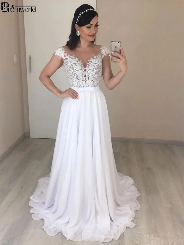 Элегантное кружевное свадебное платье с аппликацией, кружевное, Vestido De Noiva, ТРАПЕЦИЕВИДНОЕ шифоновое платье невесты, иллюзионное свадебное платье с коротким рукавом