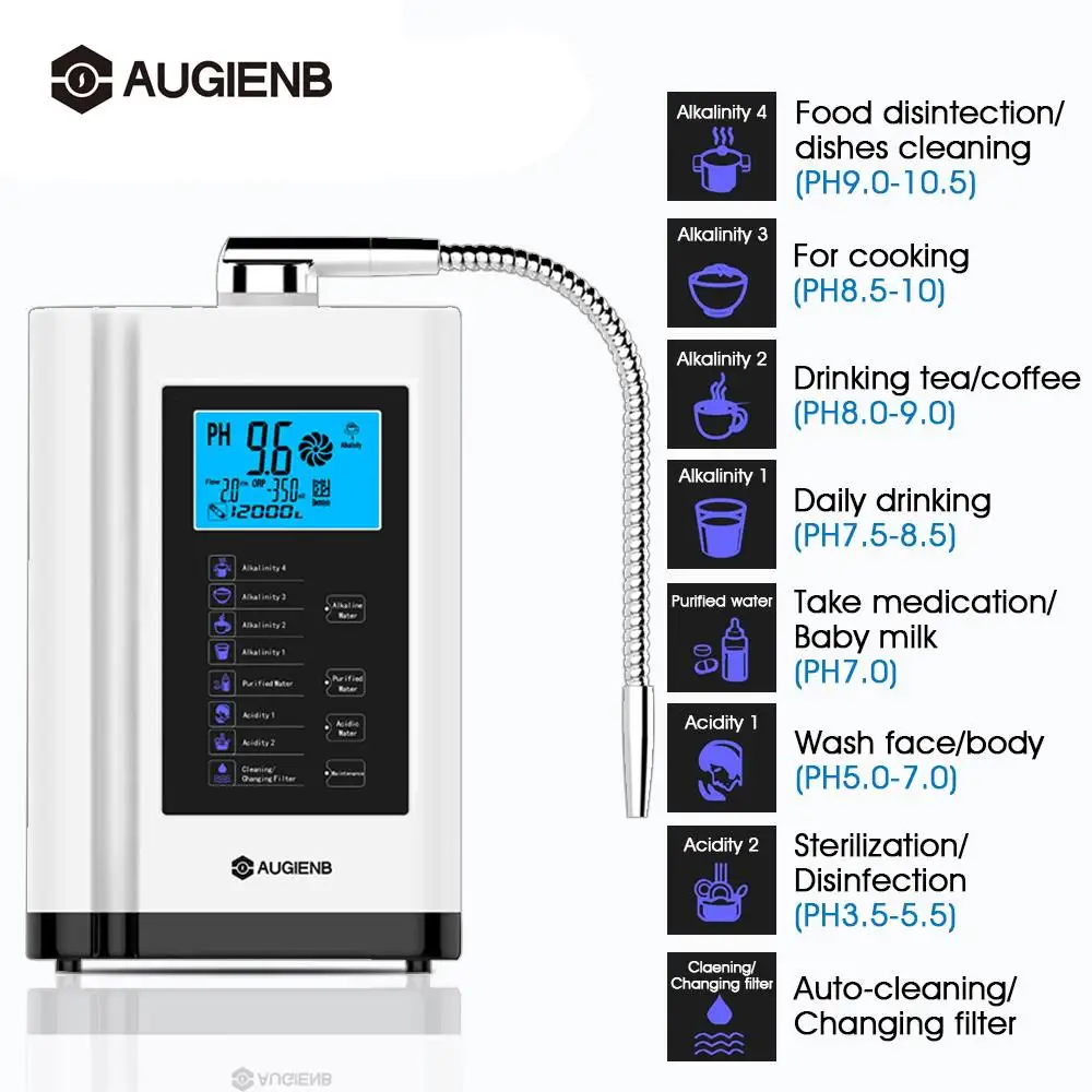 

AUGIENB Water Purifier LCD Control Alkaline Acid Machine PH 3.5-11 Auto-Cleaning 6000L Filter Water Ionizer Water Purifier