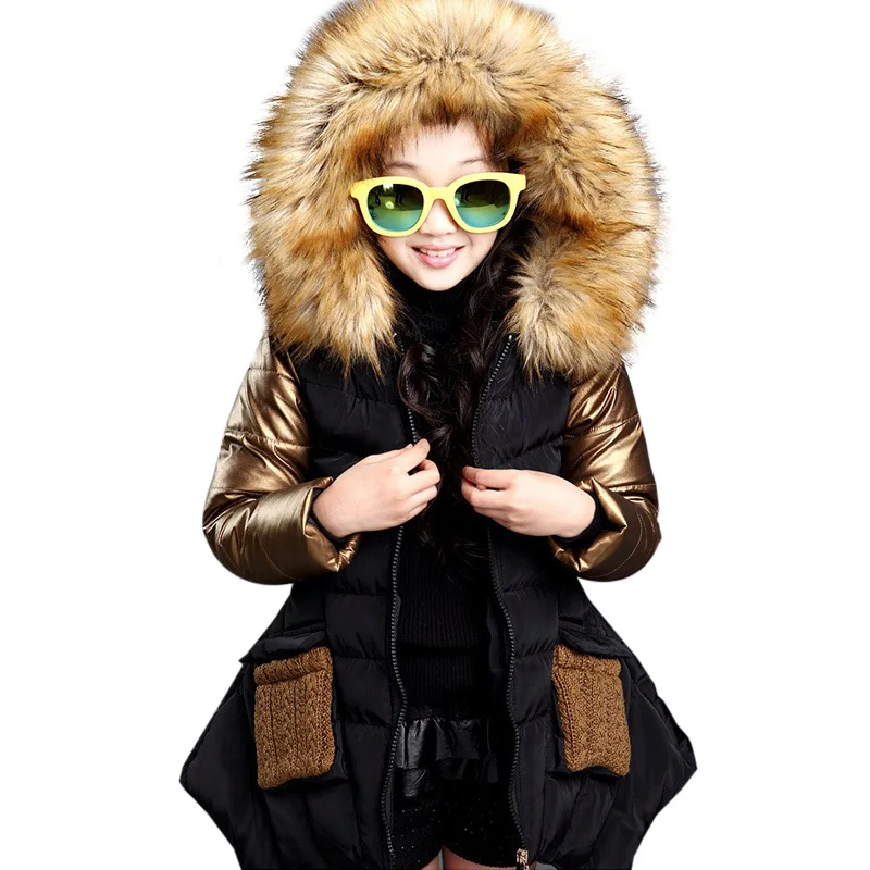 

HIMEALAVO winter hot Korean girl 4-15 years old children Cotton Hooded metallic sleeve pocket all-match thick cotton wool collar