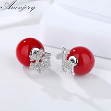 Anenjery 925 пробы серебряные рождественские ювелирные изделия микро CZ Лось Олень Снежинка имитация Красного жемчуга Серьги для женщин Девушка S-E486