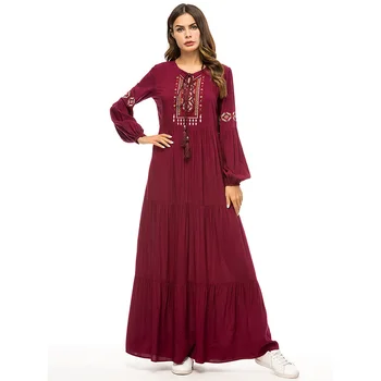 

European and American embroidery round neck loose dark red dress women's Muslim Abaya over the knee thin section cool long skirt