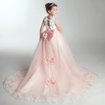 

2018 New Elegant Girls Children Wedding Birthday Party Long Tailing Dress Kids Teens Host Evening Party Costume Dress 3~15 Years