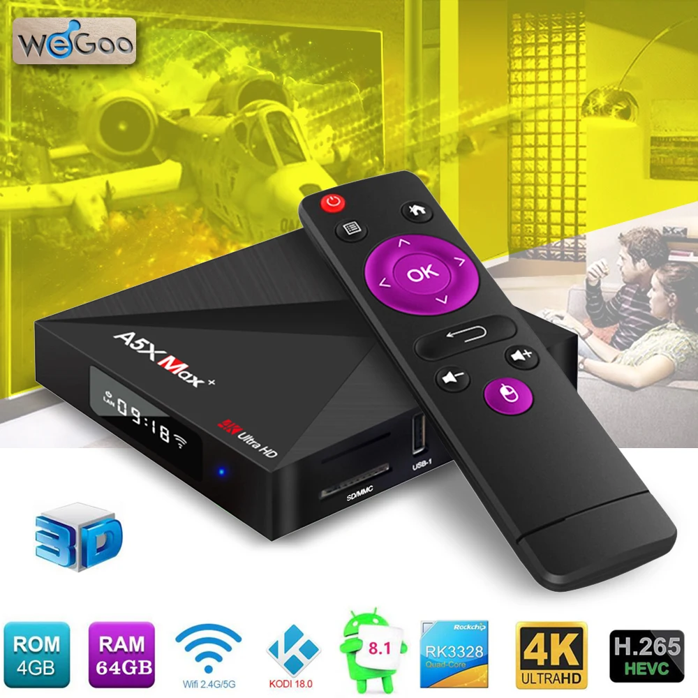 

Smart Android TV Box Android 8.1 A5X Max+ RK3328 4GB/64GB Dual WiFi Bluetooth Smart TV Box HD 4K Media Player Tvbox Set-top Box